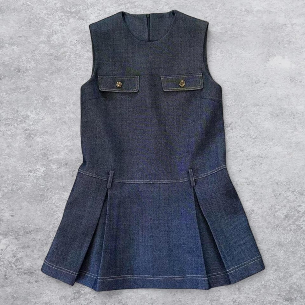 Honore Wool Blend‎ Pleated Structured Mini Dress Dark Indigo Blue Gold Button S